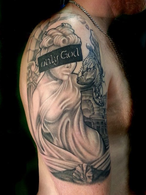 Grey Angel Shoulder Tattoo