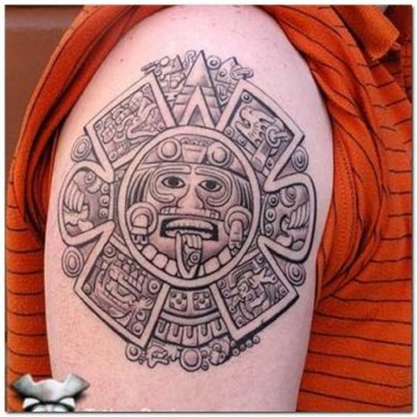 Grey Aztec Tattoo Design On Shoulder