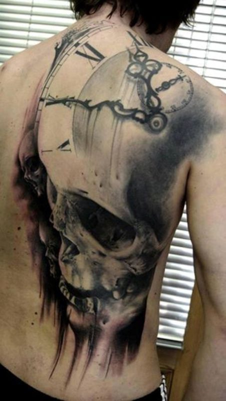 Grey Color Skull And Clock Tattoo