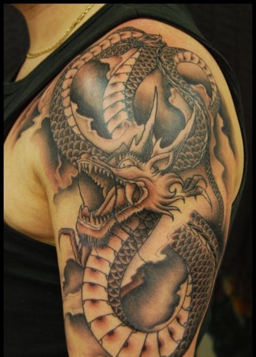 Grey Dragon Shoulder Tattoo Design