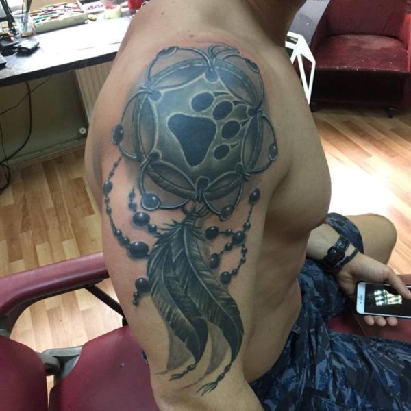 Grey Dream Catcher Tattoo On Shoulder For Men