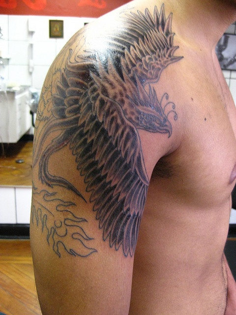 Grey Eagle Shoulder Tattoo