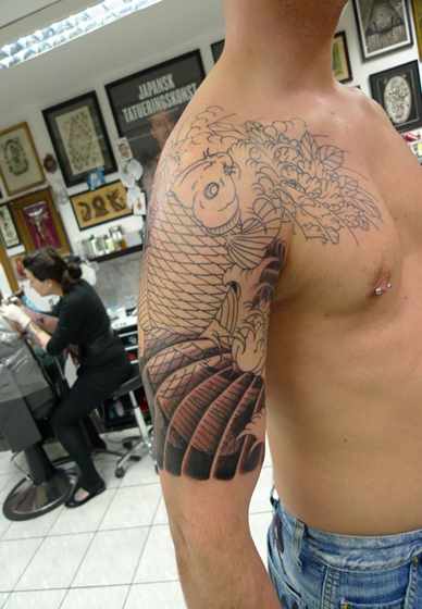 Grey Fish Shoulder Tattoo