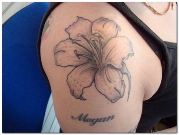 Grey Hibiscus Tattoo On Shoulder