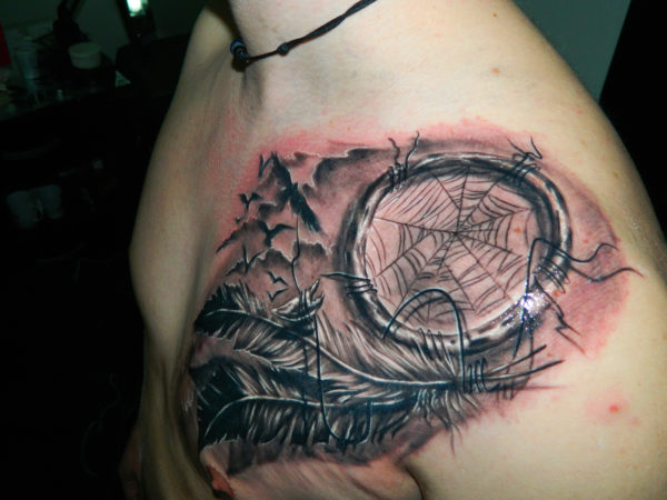 Grey Ink Dream Catcher Tattoo