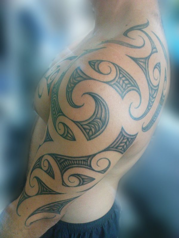 Grey Ink Maori Shoulder Tattoo