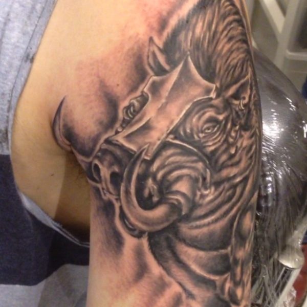 Grey Ink Rhino Tattoo