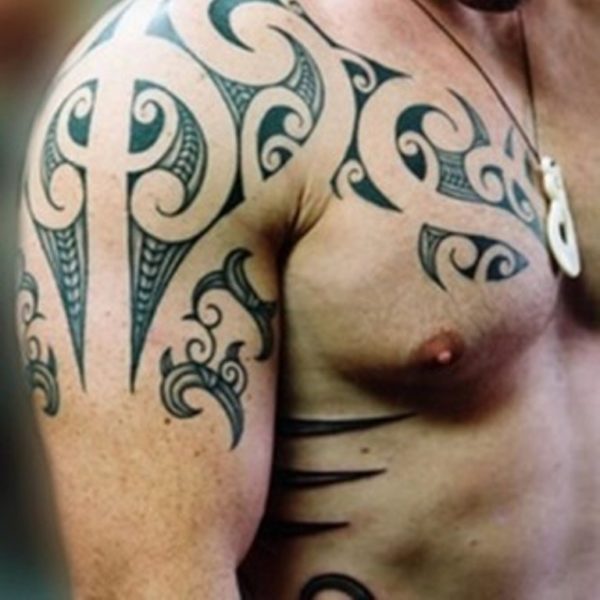 Grey Maori Tattoo On Right Shoulder