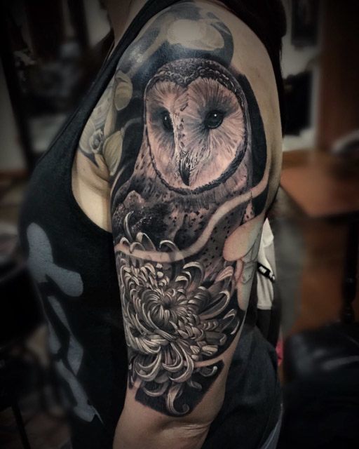 Grey Owl Shoulder Tattoo Design