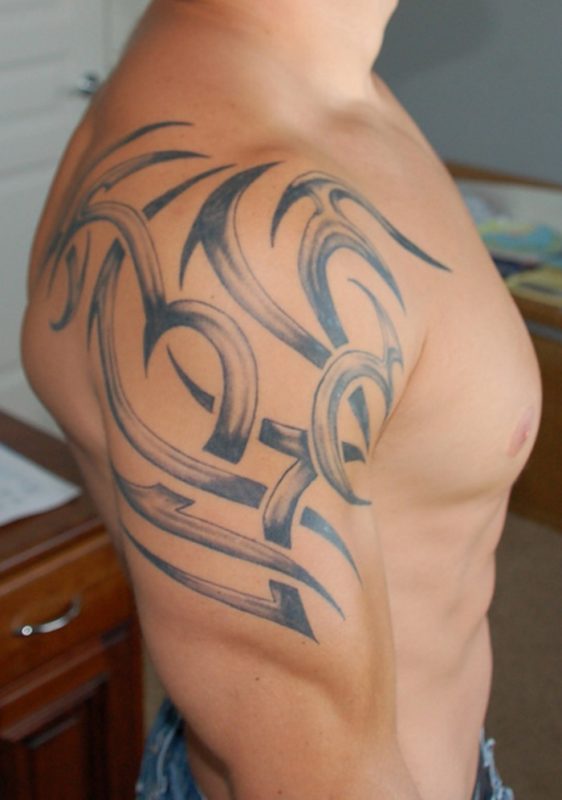 Grey Tribal Shoulder Tattoo For Men