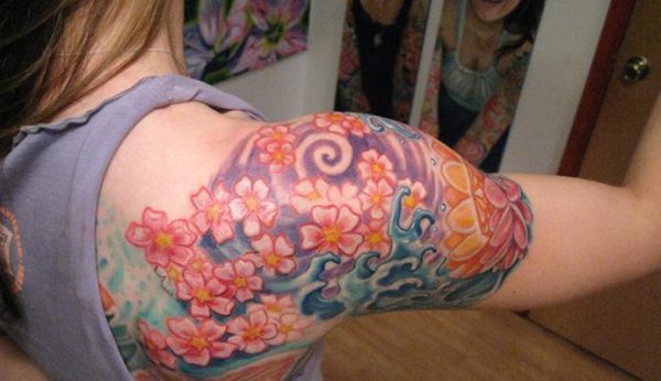 Half Sleeves Cherry Blossom Shoulder Tattoo