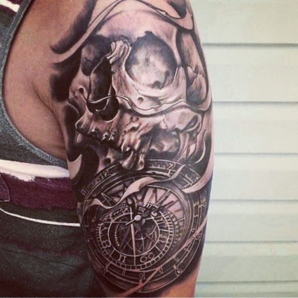 Half Sleeves Clock Shoulder Tattoo Design