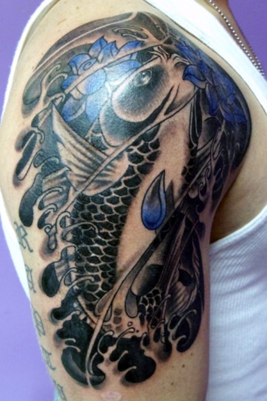 Half Sleeves Fish Tattoo On Right Shoulder