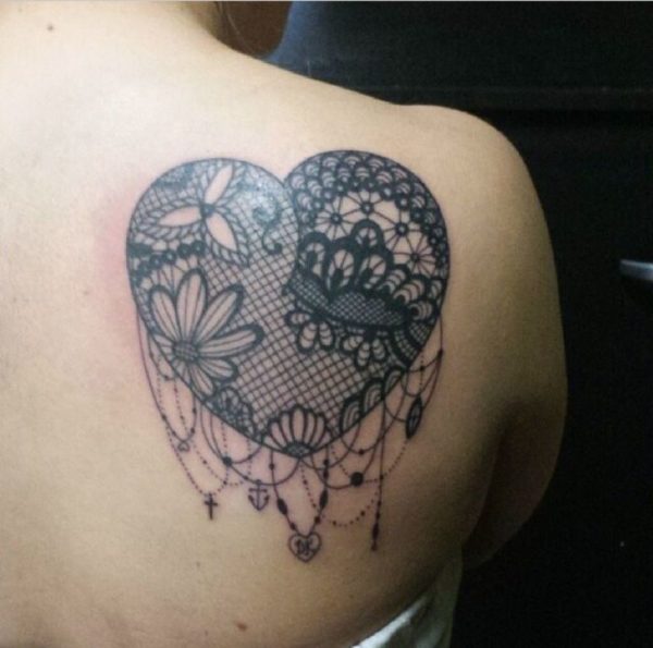 Heart Lace Tattoo On Shoulder Back