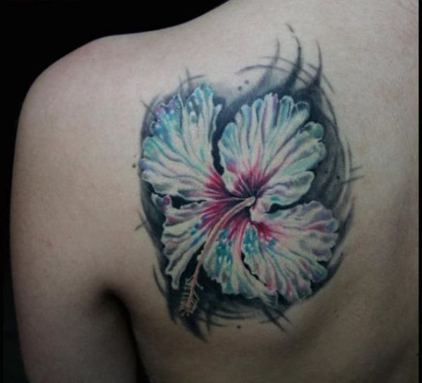 Hibiscus Flower Tattoo On Left Back Shoulder