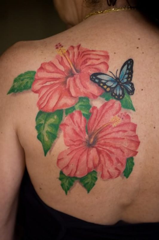 Hibiscus Flowers And Butterfly Tattoo On Back Shoulder