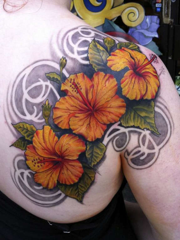 Hibiscus Flowers Tattoo On Right Shoulder