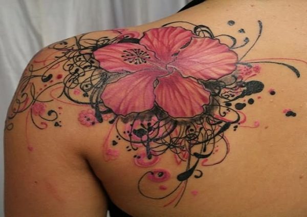 Hibiscus Tattoo On Left Back Shoulder