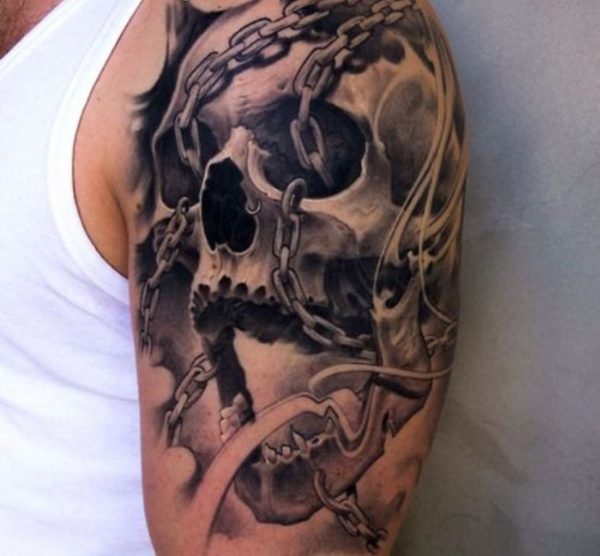 Horror Skull With Chain Tattoo