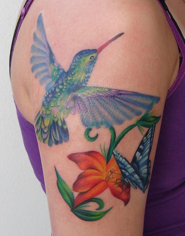 Hummingbird And Lily Tattoo On Shoulder