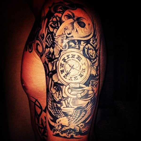Impressive Clock Shoulder Tattoo Design