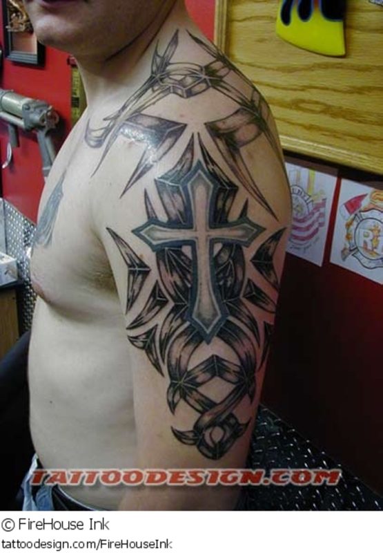 Jesus Cross Sign Tattoo On Left Shoulder
