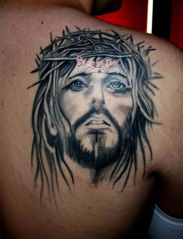 Jesus Tattoo On Right Back Shoulder