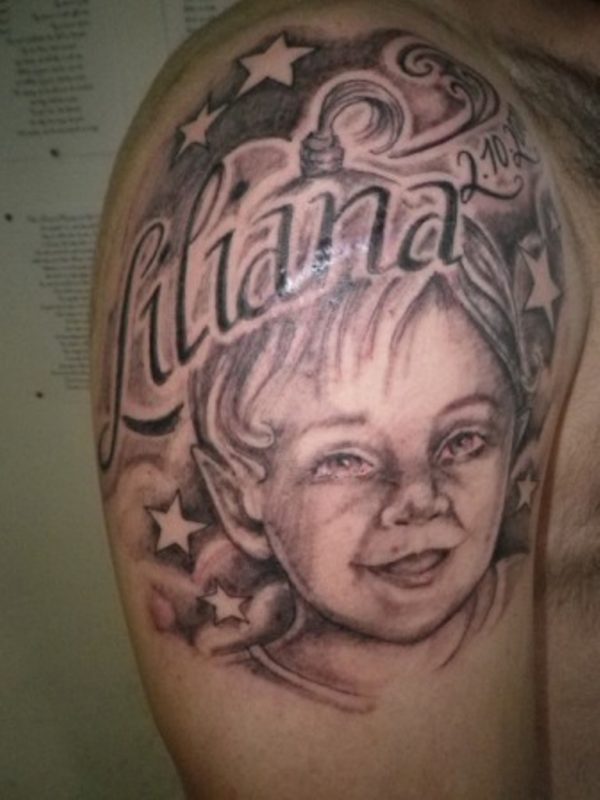 Kid Portrait Tattoos On Shoulder