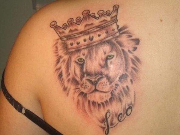 King Lion Lettering Tattoo On Shoulder