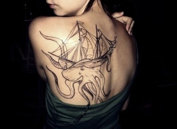 Kraken And Ship Tattoo On Back Shoulder
