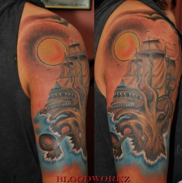 Kraken And Ship Tattoo On Shoulder