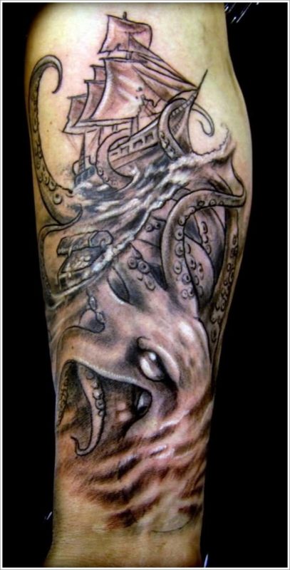 Kraken And Ship Tattoo