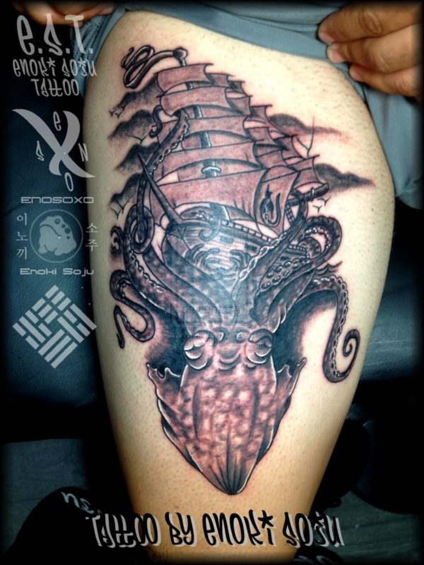 Kraken Attacking Ship Tattoo On Left Shoulder