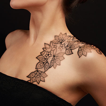 Lace Tattoo On Left Shoulder