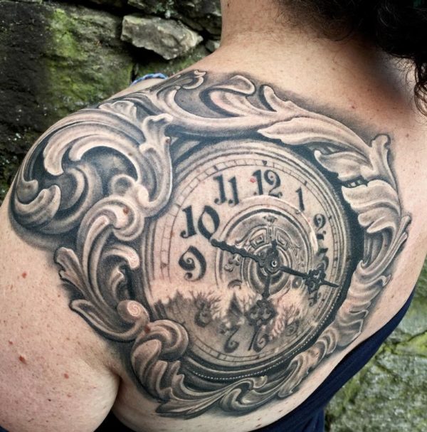 Large Clock Tattoo On Shoulder Back