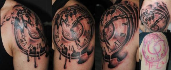 Large Clock Tattoo On Shoulder