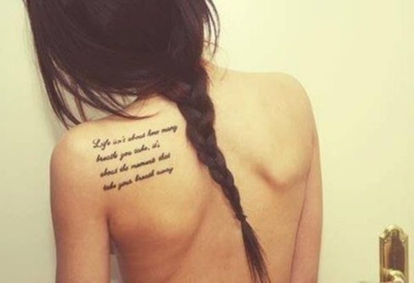 Left Shoulder Back Lettering Tattoo