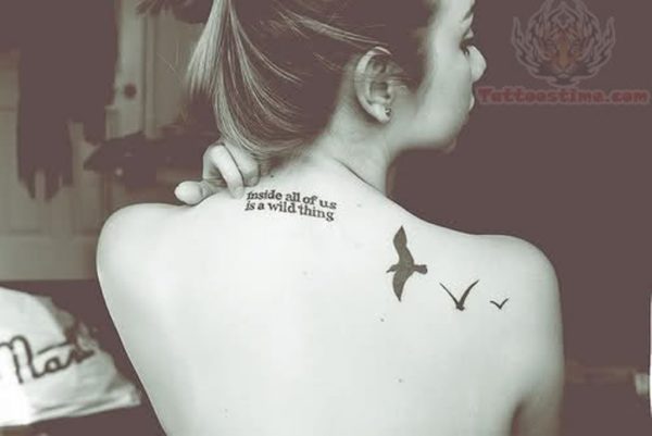 Lettering And Swallow Tattoo On Back Shoulder