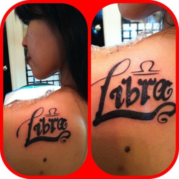 Libra lettering Tattoo On Left Back Shoulder