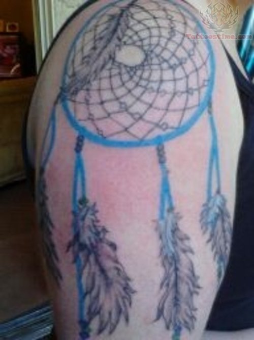 Light Blue Dream Catcher Shoulder Tattoo