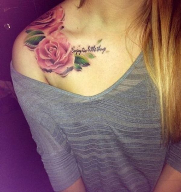 Light Pink Flower Tattoo On Shoulder