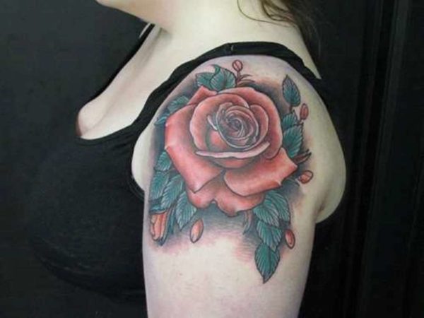 Light Red Flower Tattoo On Shoulder