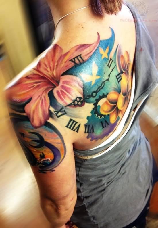 Lily Flower And Clock Tattoo