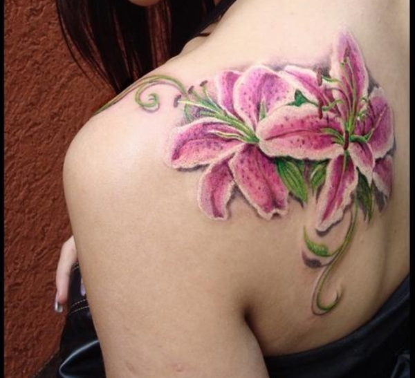 Lily Flower Tattoo On Back Shoulder