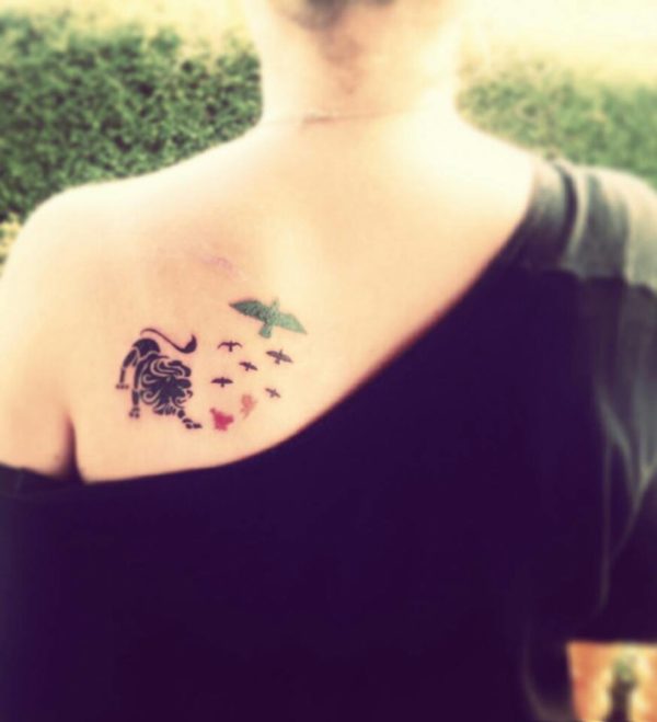Lion And Birds Shoulder Tattoo