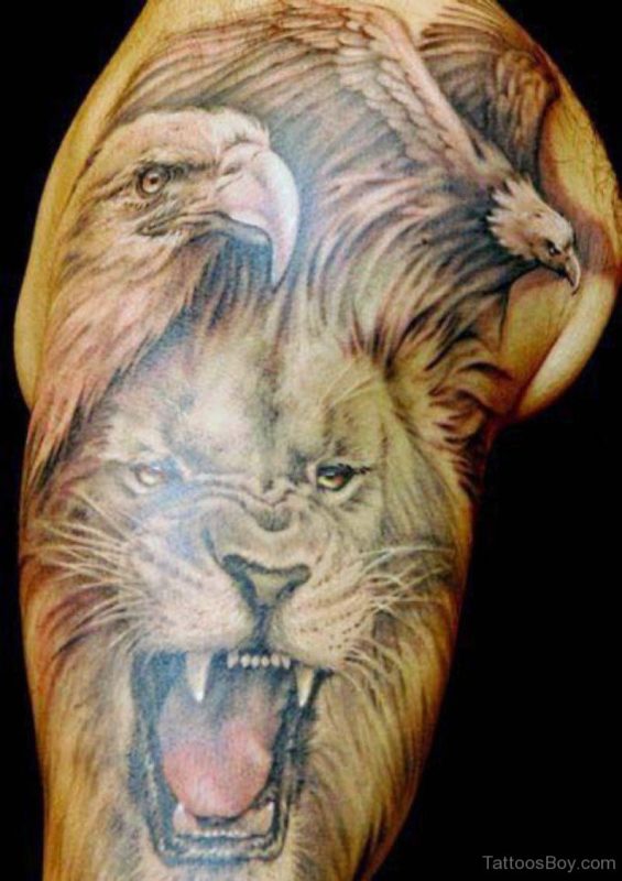 Lion And Eagle Tattoo On Shoulder
