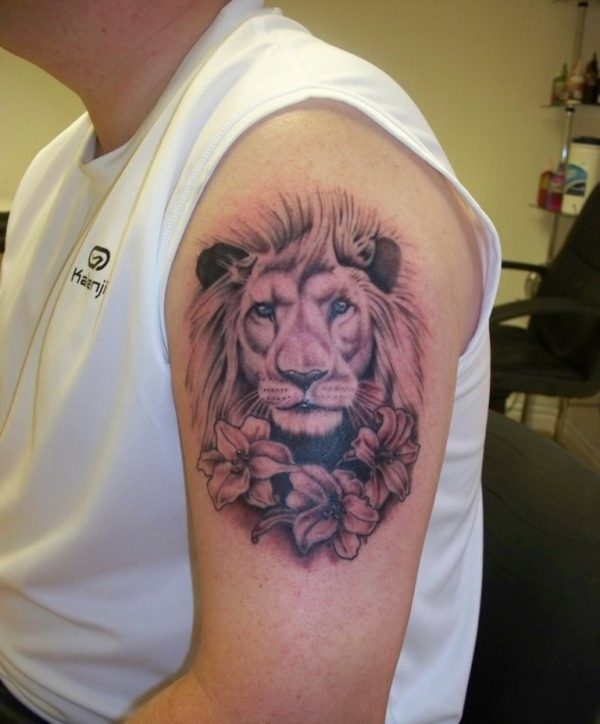 Lion And Flower Shoulder Tattoo