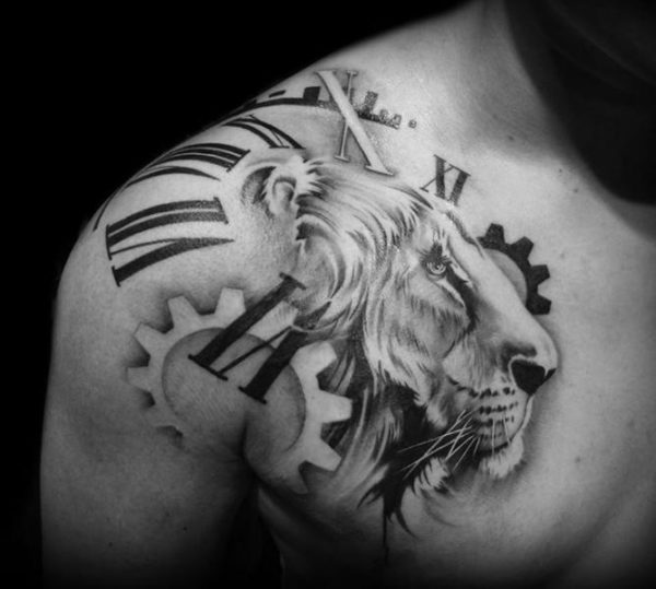 Lion Face Clock Tattoo Design