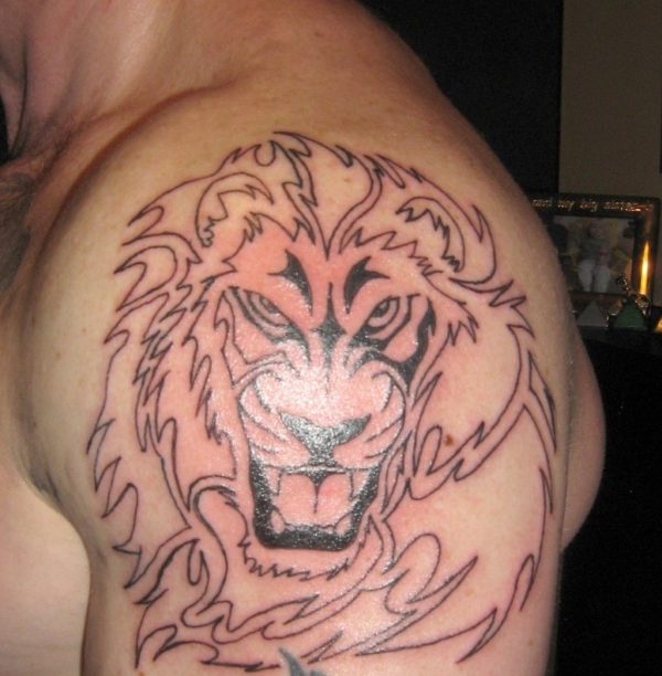 Lion Face Tattoo On Left Shoulder
