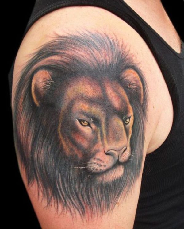 Lion Face Tattoo On Right Shoulder